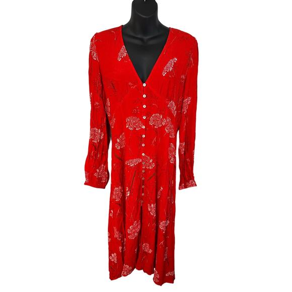Aritzia Wilfred Red Floral Gallery Button Front Midi Dress Medium Boho Cottage - Picture 2 of 13